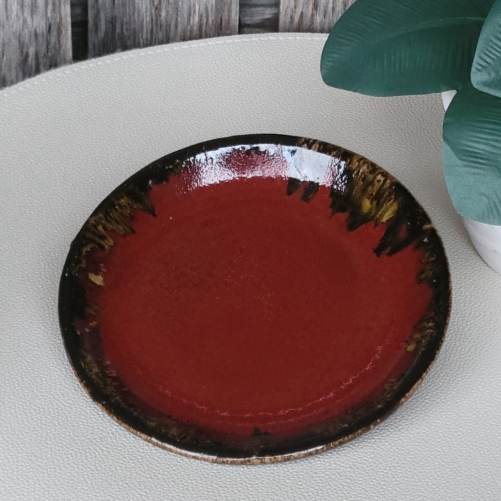Eddie Bauer Red,Brown & Gold Glazed Decorative Stoneware Plate Candle Holder